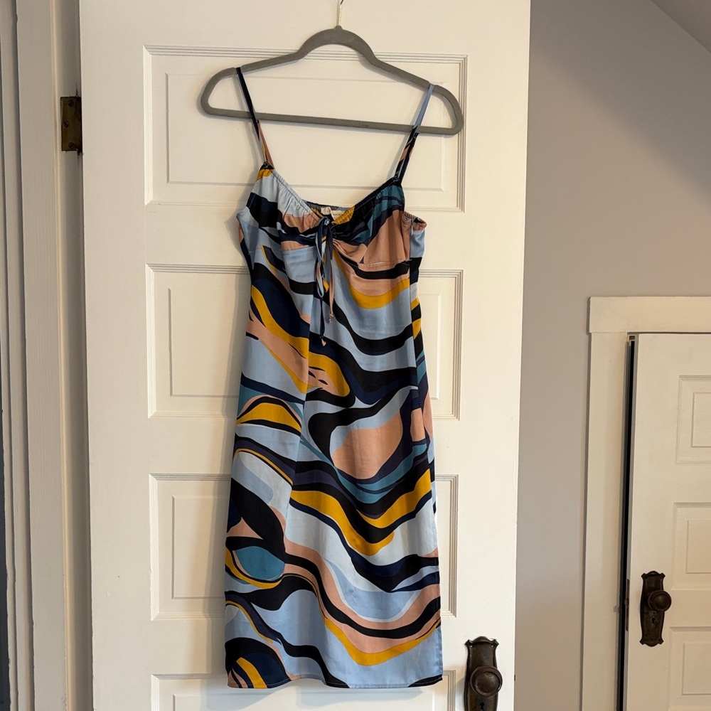 La Hearts Wave-Print Midi Slip Dress in Blue, Navy & Mustard